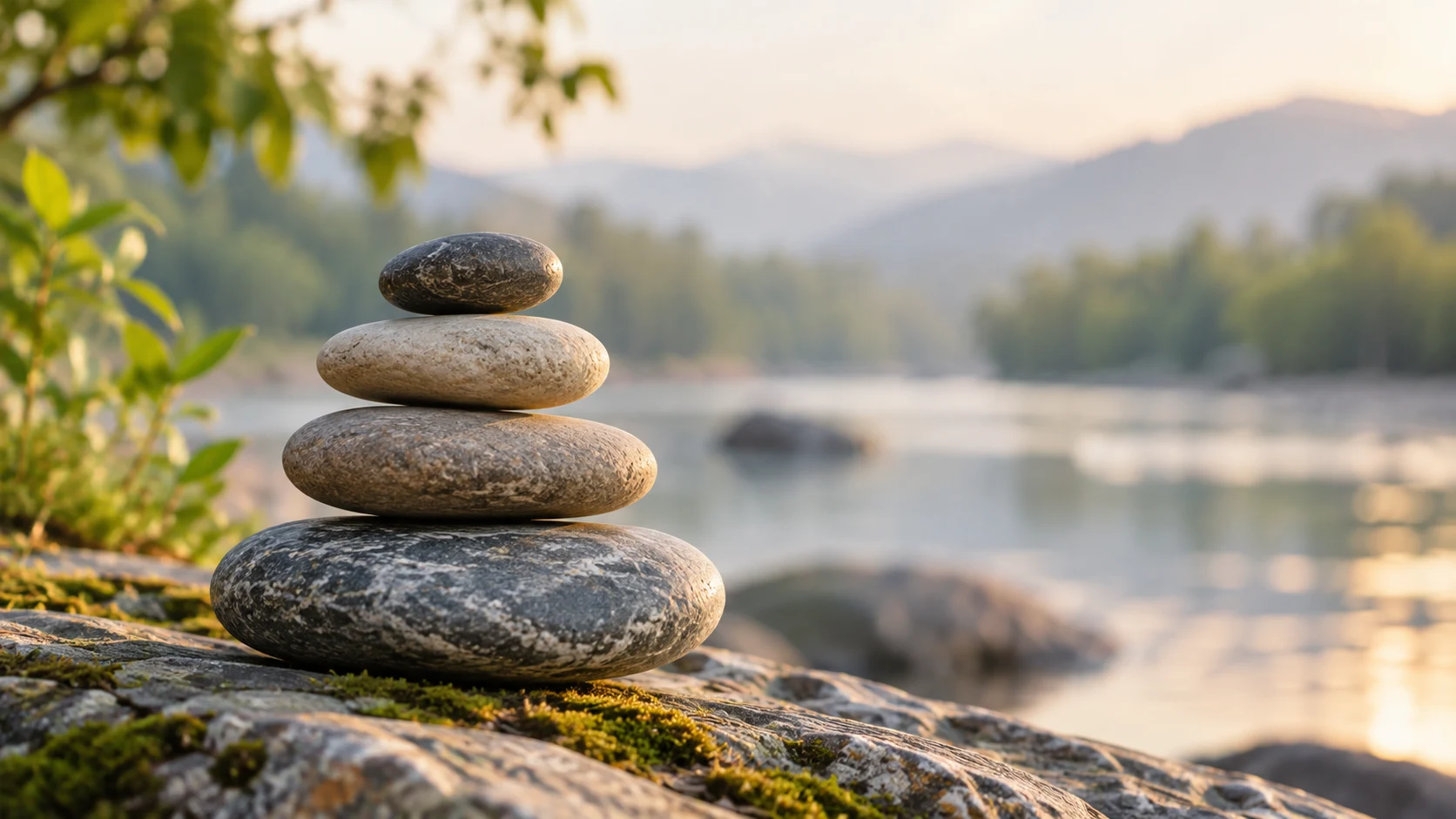 Piedras en equilibrio sobre una roca con musgo junto al agua, rodeadas de vegetación y luz cálida