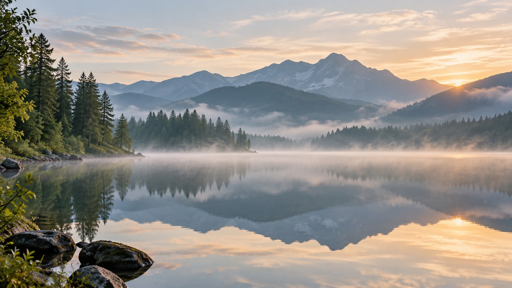Lago sereno con reflejos de montañas y bosques entre la bruma, iluminado por el amanecer