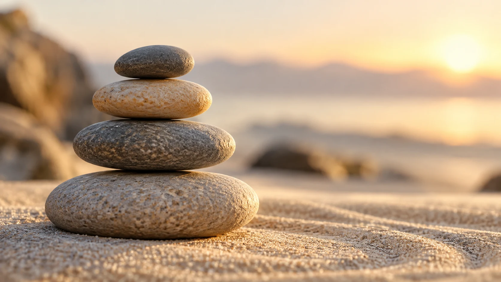 Piedras en equilibrio sobre la arena junto al mar, iluminadas por una luz cálida