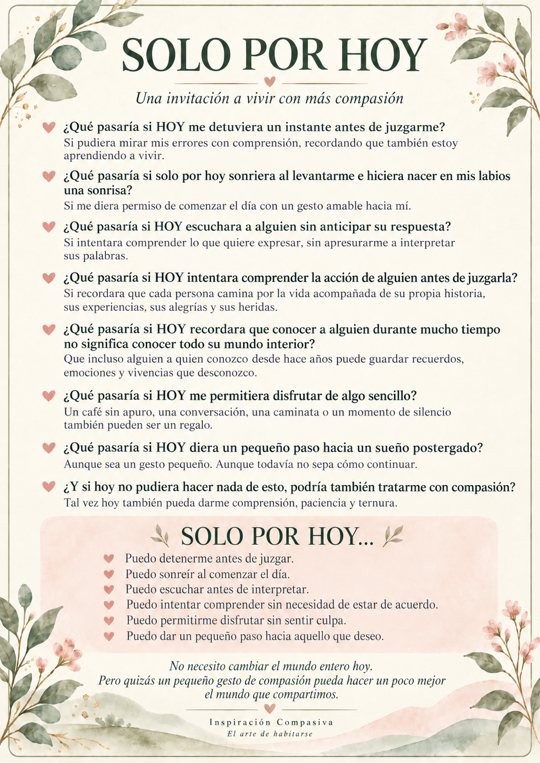 Tarjeta Solo por hoy, con flores y hojas en tonos suaves. Su contenido completo está disponible en texto en la página del recurso.